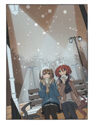  2girls absurdres animal_ears ashinowoto bench black_pants black_scarf black_skirt blue_eyes blue_jacket border brown_hair brown_scarf cheval_grand_(umamusume) commentary_request eating food green_eyes highres horse_ears horse_girl jacket lamppost long_hair looking_at_another multicolored_hair multiple_girls on_bench outdoors pants park_bench red_hair scarf short_hair short_hair_with_long_locks sitting skirt snow snowing steamed_bun streaked_hair umamusume white_border white_streaks win_variation_(umamusume) 