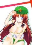  :p alternate_costume blue_eyes braid breasts camisole cleavage hat hong_meiling kiku_hitomoji large_breasts long_hair off_shoulder red_hair redhead shirt shorts solo star strap_slip tongue touhou twin_braids wink 