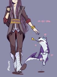  1boy baby_animal dated dog english_commentary fangs heart highres jumping long_hair looking_at_another pawpads puppy purple_fur purple_hair raw_gummy repede_(tales) smile smoking_pipe tales_of_(series) tales_of_vesperia yuri_lowell 