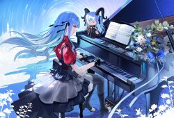  1girl absurdres arknights ascot bang_dream! bang_dream!_it's_mygo!!!!! black_ascot black_boots black_gloves black_pantyhose black_ribbon black_skirt blue_background blue_flower blue_hair boots bouquet character_doll chinese_commentary closed_mouth commentary_request doll flower from_side gloves hair_ribbon high_heel_boots high_heels highres instrument long_hair music oblivionis_(bang_dream!) pantyhose piano piano_bench plant playing_instrument playing_piano profile puffy_short_sleeves puffy_sleeves red_shirt ribbon sakura_amano sheet_music shirt short_sleeves sidelocks sitting skirt solo togawa_sakiko togawa_sakiko_(master_of_melodia) two_side_up white_flower yellow_eyes 