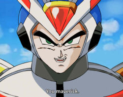  1boy armor blue_helmet dragon_ball dragon_ball_z english_text forehead_jewel green_eyes helmet male_focus mega_man_(series) mega_man_x_(series) parted_lips saito_the_one smirk solo subtitled toriyama_akira_(style) white_armor white_helmet x_(mega_man) 