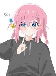  1girl absurdres alternate_hair_length alternate_hairstyle black_hoodie blue_eyes blush bocchi_the_rock! braid choppy_bangs closed_mouth commentary_request cube_hair_ornament eyes_visible_through_hair glasses hair_ornament hair_over_eyes hand_up highres hood hoodie index_finger_raised long_bangs long_sleeves looking_at_viewer medium_hair partial_commentary pink_hair round_eyewear simple_background solo te_raria twin_braids upper_body variant_set white_background 