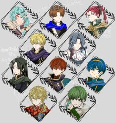  4boys ascot blonde_hair blue_eyes blue_hair brown_eyes brown_hair carrion_(fire_emblem) commentary_request facial_mark fingerless_gloves fire_emblem fire_emblem:_mystery_of_the_emblem fire_emblem:_path_of_radiance fire_emblem:_the_binding_blade fire_emblem:_the_blazing_blade fire_emblem:_thracia_776 fire_emblem_awakening forehead_mark gloves gordin_(fire_emblem) green_eyes green_hair grey_hair highres jeorge_(fire_emblem) jrg_tokage long_hair marth_(fire_emblem) multiple_boys nasir_(fire_emblem) perceval_(fire_emblem) pointy_ears ponytail popped_collar quiver raven_(fire_emblem) red_eyes red_hair shinon_(fire_emblem) short_hair soren_(fire_emblem) tiara violet_eyes virion_(fire_emblem) watermark 