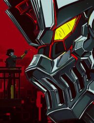  1boy black_hair chad_ong highres kabuto_kouji mazinger_(series) mazinger_zero_(mecha) mecha mecha_pilot_suit paintbrush painting_(action) robot shin_mazinger_zero 