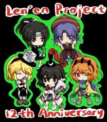  5others :o ^_^ androgynous anniversary arm_up bandaged_head bandages black_background black_hair black_hairband black_hakama black_kimono black_ribbon black_shorts black_sleeves black_vest blonde_hair blue_pants blue_scarf blue_shirt blunt_bangs book boots bow bowtie brown_boots brown_hat brown_headband brown_jacket brown_shoes brown_shorts card chibi chinese_commentary closed_eyes closed_mouth colored_tips commentary_request copyright_name covered_mouth crossed_arms detached_sleeves dice_hair_ornament dress_shirt expressionless eye_of_senri green_hakama green_kimono green_outline grey_eyes hair_between_eyes hair_bow hair_ornament hair_rollers hairband hakama hakama_short_skirt hakama_skirt hand_on_own_hip happy hat headband high_ponytail highres holding holding_card holding_clothes_iron holding_rod jacket japanese_clothes jinbei_(clothes) jinbei_(len'en) kariginu kimono leg_ribbon len'en loafers long_sleeves medium_hair multicolored_hair multiple_others object_to_mouth ofuda ofuda_on_clothes one_eye_closed open_mouth orange_eyes orange_hair other_focus outline over-kneehighs pants parted_bangs parted_lips pink_shirt playing_card ponytail puffy_short_sleeves puffy_shorts puffy_sleeves reading red_bow red_bowtie red_hairband red_ribbon ribbon ribbon_legwear rod scarf see-through_clothes see-through_jacket senri_haiji senri_tsurubami shirt shoes short_hair short_kimono short_sleeves shorts single_stripe skirt smile socks spell_card striped_clothes striped_headband striped_headwear striped_shirt tailcoat thigh-highs traditional_bowtie two-sided_sleeves two-tone_shirt vertical-striped_hairband vest violet_eyes weihe_wuya_xiang_zhuo_tai white_bow white_shirt white_sleeves white_socks white_wrist_cuffs wide_sleeves wrist_cuffs xeno_a yellow_sleeves zuifeng_tenkai 