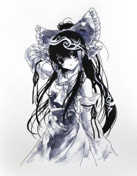  1girl ascot bow closed_mouth commentary_request detached_sleeves frilled_bow frills greyscale hair_bow hair_tubes hakurei_reimu ikeda_ruriko long_hair looking_at_viewer monochrome smile touhou traditional_media very_long_hair 