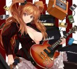    amplifier breast_slip breasts brown_eyes brown_hair cleavage electric_guitar frilled_skirt guitar instrument kabocha long_hair looking_at_viewer no_bra one_breast_out open_clothes open_shirt original solo twintails 