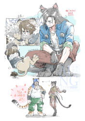  4boys 80850love_fu animal_earrings animal_ears bandana biting_another's_tail black_gloves black_hair black_jacket blue_bandana blue_eyes blue_jacket brown_hair brown_pants cat_boy cat_ears cat_tail child clawed_feet commentary_request dark-skinned_male dark_skin dated dog_tags fangs father_and_son final_fantasy final_fantasy_viii full_body fur-trimmed_jacket fur_trim gloves green_eyes green_overalls happy_birthday highres jacket kemonomimi_mode laguna_loire lion_boy lion_ears lion_tail long_hair male_focus multiple_boys overalls overalls_partially_removed panther_ears panther_tail pants scar scar_on_face scar_on_forehead shirt short_hair sleeves_rolled_up squall_leonhart squatting tail tank_top tiger_boy tiger_ears tiger_tail twitter_username white_background white_shirt white_tank_top 