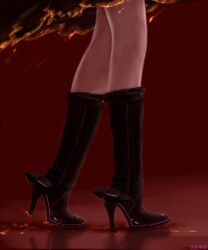 1girl absurdres arknights arknights:_endfield black_boots black_skirt boots chinese_commentary commentary_request feet fire foot_focus high_heel_boots high_heels highres knee_boots laevatain_(arknights) nemo1999 skirt solo spurs surtr_(arknights) 