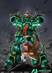  asteroid bandai cable commentary_request copyright_notice glowing glowing_eye gundam gundam_arsenal_base gundam_msv heat_hawk hukutuuprunes lens_flare logo mecha mecha_focus mixed-language_text mobile_suit no_humans official_art one-eyed realistic red_eyes robot science_fiction shoulder_spikes space spikes star_(sky) title zaku_ii zaku_ii_f_dozle_zabi_custom zeon zero_gravity 