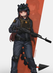  1girl absurdres binoculars black_gloves black_helmet blue_jacket blue_pants bulletproof_vest chance8000 closed_mouth commentary commission english_commentary feet_out_of_frame gloves gun headgear helmet highres holding holding_gun holding_weapon jacket long_hair long_sleeves looking_at_viewer mechanical_tail original pants red_eyes red_hair rifle smile solo tail weapon 