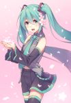  aqua_eyes aqua_hair bare_shoulders cherry_blossoms detached_sleeves flower hair_flower hair_ornament hatsune_miku long_hair looking_at_viewer navel open_mouth petals skirt smile solo sugimeno thigh-highs thighhighs twintails very_long_hair vocaloid zettai_ryouiki 