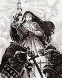  1girl 2boys black_veil christian_mythology clare_of_assisi closed_eyes clouds cross dalekaramazov fence gloves helmet highres holding latin_cross lips monochrome monstrance multiple_boys nun robe rope_belt rosary soldier sword veil weapon white_robe 