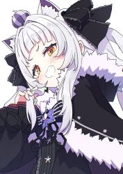  1girl animal_ear_fluff animal_ears arched_bangs black_bow black_bowtie black_capelet black_dress blush bow bowtie capelet cat_ears cat_girl commentary crescent crown dress earrings frilled_bow frills fur-trimmed_capelet fur_trim gothic_lolita grey_hair grin hair_bow hair_intakes hand_up hashtag-only_commentary highres hololive jewelry kaie lolita_fashion long_hair long_sidelocks looking_at_viewer mini_crown multicolored_eyes murasaki_shion murasaki_shion_(gothic_lolita) official_alternate_costume official_alternate_hairstyle open_mouth orange_eyes playing_with_own_hair short_eyebrows sidelocks sideways_glance sleeves_past_wrists smile smug solo triangle_earrings twintails upper_body v-shaped_eyebrows virtual_youtuber white_background yellow_eyes 