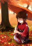  autumn autumn_leaves brown_eyes brown_hair eri_(resia) hair_ornament highres japanese_clothes kimono oriental_umbrella original solo squatting tree umbrella 