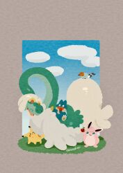  absurdres apple berry_(pokemon) black_eyes clouds commentary drampa fang fletchling food fruit highres holding munchlax no_humans open_mouth pikachu pink_eyes pokemon pokemon_(creature) pokemon_focus sitrus_berry twitter_username untranslatable_commentary wigglytuff zozozoshion 