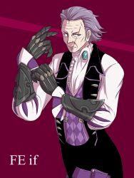  1boy alternate_costume aristocratic_clothes butler commentary_request copyright_name fire_emblem fire_emblem_fates fuku_ni gloves grey_hair gunter_(fire_emblem) male_focus monster_girl nohrian_butler_uniform old old_man pink_background plant_girl scar scar_across_eye scar_on_face solo wrinkled_skin 