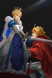  1boy 1girl absurdres ahoge armor artist_name artoria_pendragon_(fate) blonde_hair braid cape commentary_request crown excalibur_(fate/stay_night) fate/grand_order fate_(series) faulds full_body fur-trimmed_cape fur_trim gauntlets green_eyes highres holding holding_sword holding_weapon ico_(ico_ma2501) juliet_sleeves knighting long_sleeves looking_at_another multicolored_hair on_one_knee puffy_sleeves rattail red_cape red_eyes red_hair richard_i_(fate) saber_(fate) sidelocks standing streaked_hair sword weapon 