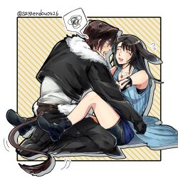  1boy 1girl animal_ears arm_ribbon bare_shoulders belt bike_shorts bike_shorts_under_skirt black_boots black_gloves black_hair black_jacket black_pants black_ribbon black_shirt black_shoes black_shorts blue_cardigan blue_skirt blush boots border brown_belt brown_hair cardigan closed_eyes couple cropped_jacket detached_sleeves final_fantasy final_fantasy_viii flying_sweatdrops full_body fur-trimmed_jacket fur_trim furrowed_brow gloves hair_between_eyes hand_on_another's_cheek hand_on_another's_face hetero highres jacket jewelry kneeling lion_boy lion_ears lion_tail long_hair looking_at_another multicolored_hair necklace open_mouth pants rabbit_ears rabbit_girl ribbon ring ring_necklace rinoa_heartilly sayaendou0426 shirt shoes short_hair shorts skirt sleeveless sleeveless_shirt spoken_squiggle squall_leonhart squiggle streaked_hair sweatdrop tail twitter_username white_border white_shirt yellow_background 