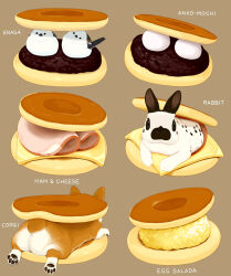  animal bird bread brown_background cheese commentary_request egg_salad english_text food ham in_food lilac_(p-f_easy) long-tailed_tit looking_at_viewer mochi no_humans original rabbit red_bean_paste simple_background sliced_cheese tit_(bird) welsh_corgi 
