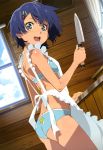  :d absurdres ano_natsu_de_matteru apron aqua_eyes ass bikini blue_hair blush cooking hair_ornament hairclip highres knife looking_back naked_apron nearly_naked_apron nyantype open_mouth scan short_hair smile solo swimsuit swimsuit tanigawa_kanna 