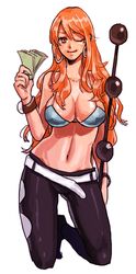  bikini bikini_top bracelet breasts cleavage clima-tact clima_tact earrings error hoop_earrings jewelry joey_joey_joey kneeling large_breasts log_pose long_hair midriff money nami navel one-piece_swimsuit one_piece orange_eyes orange_hair pants shiny shiny_skin smile solo strap_gap swimsuit thigh_gap thighs wink 