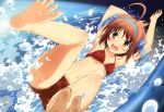  absurdres ahoge barefoot bikini breasts brown_hair cleavage feet hair_ribbon highres legs nyantype official_art open_mouth papa_no_iu_koto_wo_kikinasai! papa_no_iukoto_wo_kikinasai! plaid plaid_bikini red_eyes ribbon scan soles solo swimsuit swimsuit takanashi_sora tears toes water water_slide waterslide 