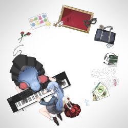  2girls absurdres bag bang_dream! bang_dream!_it's_mygo!!!!! black_gloves black_skirt blue_hair blue_shirt broken_picture_frame brown_shoes chinese_commentary commentary_request dual_persona flower frilled_wrist_cuffs frills gloves grey_skirt hair_ribbon headphones highres if_happiness_is_a_circle_(meme) instrument keyboard_(instrument) loafers long_hair mask masquerade_mask meme multiple_girls notebook oblivionis_(bang_dream!) picture_frame pleated_skirt puffy_short_sleeves puffy_sleeves red_flower ribbon ripples rose sailor_collar school_uniform shirt shoes short_sleeves simple_background skirt socks togawa_sakiko togawa_sakiko's_doll tsukinomori_school_uniform turtleheart5 unworn_mask white_background white_socks wrist_cuffs 