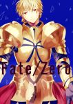  armor bad_id blonde_hair blue_background earrings fate/zero fate_(series) gilgamesh jewelry male red_eyes solo sotamoto title_drop 