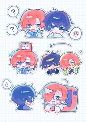  18+_symbol 3boys :d ? arrow_(symbol) blue_eyes blue_hair blue_sweater chibi chibi_only collared_shirt controller dress_shirt game_controller ghost green_eyes green_sweater handheld_game_console hashtag-only_commentary highres holding holding_controller holding_game_controller horns hyoutenka_30-do_no_zetsubou it_shihonka jacket japanese_clothes kimono kobayashi_luca kuchinashi_dabi lapels mole mole_under_eye multiple_boys nintendo_3ds object_on_head playing_games red_hair right-over-left_kimono sharp_teeth shirt smile sparkle spoken_question_mark spoken_sweatdrop sweatdrop sweater teeth through_medium through_screen tonimura_yui triangular_headpiece white_jacket white_kimono yellow_eyes 