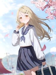  1girl absurdres bag blonde_hair blue_neckerchief blue_sailor_collar blue_skirt blue_sky cherry_blossoms cookie cowboy_shot dampi food food_request gakuen_idolmaster hair_ornament hairclip hatsuboshi_gakuen_school_uniform highres holding holding_bag holding_cookie holding_food idolmaster light_blush long_hair looking_at_viewer neckerchief orange_eyes outdoors parallel_hairclips parted_lips sailor_collar school_bag school_uniform shinosawa_hiro shirt skirt sky solo white_shirt 