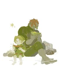  26_zzzzzz 2boys age_difference barefoot belt black_pants black_shirt boots brown_belt closed_eyes collared_shirt colored_skin dark-skinned_male dark_skin day fish food fruit full_body ganondorf green_hat green_skin green_theme green_tunic hair_slicked_back hat height_difference highres holding holding_food holding_fruit large_nose link male_focus multiple_boys muscular muscular_male no_armor outdoors pants pants_rolled_up parted_bangs pointy_ears red_hair shirt shoes short_hair sideburns sitting sleeves_rolled_up summer sun the_legend_of_zelda the_legend_of_zelda:_ocarina_of_time tunic unworn_shoes water watermelon watermelon_slice white_background yellow_watermelon 