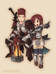 1boy 1girl arm_rest armor armored_boots belt belt_buckle belt_pouch binoculars black_gloves black_shirt blue_thighhighs boned_meat boots breastplate brother_and_sister brown_background brown_belt brown_boots buckle cooking copyright_name faulds fire flattop food gloves greaves holding holding_binoculars looking_at_another meat monster_hunter_(character) monster_hunter_(series) monster_hunter_frontier open_mouth pauldrons pointing pouch rathalos_(armor) red_eyes red_hair roasting shirt short_hair shorts shoulder_armor siblings simple_background sitting smile spiked_pauldrons spikes standing sword sword_on_back thigh-highs vambraces weapon weapon_on_back white_shorts yuichirou 