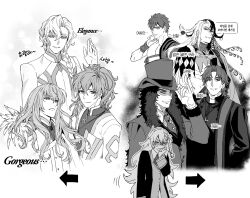  1girl 6+boys ashiya_douman_(fate) bell braid cape coat commentary_request emiya_shirou fate/grand_order fate_(series) greyscale grigori_rasputin_(fate) gyogyo_hjj hair_bell hair_ornament hair_over_shoulder hat hat_tip highres holding holding_unworn_cape holding_unworn_clothes kirschtaria_wodime korean_commentary korean_text kotomine_kirei lev_lainur_flauros long_hair marisbury_animusphere monochrome multicolored_hair multiple_boys olga_marie_animusphere ponytail priest romani_archaman senji_muramasa_(fate) side_braid single_braid split-color_hair stole top_hat translation_request unworn_cape very_long_hair wristband 