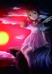  absurdres brown_hair card_captor_sakura cardcaptor_sakura child cliff dress green_eyes highres kero kinomoto_sakura maingl short_hair sun sunset wings 