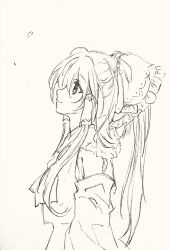  1girl ascot bow closed_mouth commentary_request detached_sleeves frilled_bow frilled_hair_tubes frills hair_bow hair_tubes hakurei_reimu highres ikeda_ruriko long_hair skirt smile solo touhou traditional_media very_long_hair 