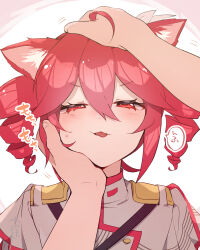  1girl :3 animal_ears cat_ears cheek_squash commentary drill_hair grey_jacket hand_on_another's_face hand_on_another's_head highres jacket kasane_teto kasane_teto_(sv) looking_at_viewer musical_staff musical_staff_print petting pov pov_hands red_eyes red_hair red_trim ribbon shoulder_belt shoulder_boards solo_focus squishing synthesizer_v tongue tongue_out torino_sasami twin_drills untranslatable_commentary white_background white_ribbon 