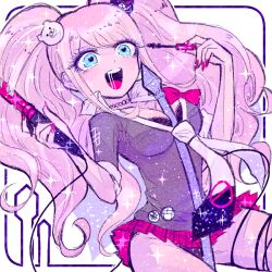  1girl applying_makeup applying_mascara applying_own_makeup aqua_eyes bear_hair_ornament black_panties blonde_hair bra breasts danganronpa:_trigger_happy_havoc danganronpa_(series) enoshima_junko hair_ornament hair_rollers heart heart-shaped_pupils korozikoro large_breasts makeup mascara mascara_wand panties red_nails saliva source_request symbol-shaped_pupils third-party_source twintails underwear 
