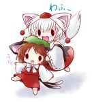  animal_ears blush brown_hair cat_ears cat_tail chen detached_sleeves hat highres inubashiri_momiji multiple_girls multiple_tails open_mouth short_hair simple_background smile solid_circle_eyes tail tokin_hat touhou white_background white_hair wolf_ears wolf_tail yume_shokunin 