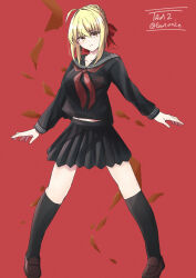  1girl absurdres ahoge artist_name black_sailor_collar black_skirt black_socks blonde_hair bow braid breast_pocket breasts brown_shoes collared_shirt fate/extra fate/extra_ccc fate_(series) hair_bow hair_bun hair_intakes hair_ribbon highres long_sleeves looking_at_viewer medium_breasts nero_claudius_(fate) nero_claudius_(fate/extra) petals pocket red_background red_bow red_ribbon ribbon rose_petals sailor_collar school_uniform shirt shoes sidelocks single_hair_bun skirt smile socks solo tam002 tsukumihara_academy_uniform_(fate/extra_ccc) yellow_eyes 