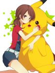  1girl bare_legs brown_eyes brown_hair character_doll doll_hug kneeling kotone_(pokemon) looking_at_viewer monaco_(rmn02) no_hat no_headwear overalls pikachu pokemon pokemon_(creature) pokemon_(game) pokemon_gsc pokemon_hgss solo star twintails 