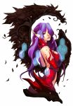  1girl alternate_costume barrier breasts elbow_gloves gloves hexagon league_of_legends long_hair morgana pointy_ears purple_hair red_gloves sneer solo thelittlefirefly violet_eyes watermark wings 