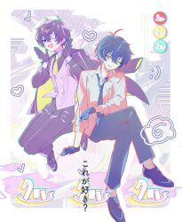 2boys :d antenna_hair blue_eyes blue_gloves blue_hair blue_necktie blue_pants blue_shoes breast_pocket cigarette collared_shirt dress_shirt dress_shoes eyepatch fang gloves hands_up heart highres holding holding_cigarette hyoutenka_30-do_no_zetsubou iroiroiroc jacket jacket_on_shoulders knees_up kobayashi_luca lapels loose_necktie multiple_boys necktie nervous_smile open_collar pants pink_vest pocket purple_hair purple_jacket purple_pants purple_shirt purple_shoes ribbed_socks shirt shoes sitting smile socks translation_request vest xx_(mitsudomoe_koubou) yellow_eyes yellow_necktie yellow_socks 