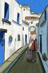  1girl absurdres ahoge animal_ear_fluff animal_ears arknights black_choker black_pantyhose black_shoes blue_eyes blush building choker city clarke149246 commentary_request cross cross_necklace day drawstring fox_ears fox_girl fox_tail full_body greek_cross highres holding holding_suitcase hood hood_down hooded_jacket jacket jewelry long_sleeves looking_to_the_side medium_hair necklace outdoors pantyhose pink_hair real_world_location red_jacket rolling_suitcase santorini_(greece) shoes sleeves_past_wrists smile sneakers solo standing string_of_flags suitcase sussurro_(arknights) sussurro_(travel_freely)_(arknights) tail tourist walking 