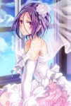  artist_name bad_id bare_shoulders blush bow bride cloud clouds crossdressinging dress elbow_gloves flower gloves hair_flower hair_ornament looking_at_viewer male multicolored_eyes original purple_eyes purple_hair shimaji short_hair sky smile solo trap veil violet_eyes wedding_dress white_dress window yellow_eyes 