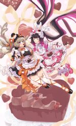  2girls absurdly_long_hair alternate_costume alternate_hairstyle animal_ears apron black_dress black_hair black_shoes blue_eyes blush bow bowtie braid brown_hair closed_eyes columbina_(genshin_impact) commentary_request dress fake_animal_ears feeding floating_hair food frilled_apron frilled_hairband frilled_wrist_cuffs frills full_body genshin_impact hair_ribbon hairband heart heart-shaped_food holding holding_food holding_plate iwashitsumire leg_warmers long_hair multicolored_hair multiple_girls orange_bow orange_bowtie orange_ribbon pink_bow pink_hair pink_shoes plate puffy_short_sleeves puffy_sleeves rabbit_ears ribbon sandrone_(genshin_impact) shoes short_sleeves smile thigh-highs thigh_strap twin_braids two-tone_hair valentine very_long_hair white_apron white_dress white_leg_warmers white_thighhighs white_wrist_cuffs wrist_cuffs yuri 