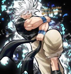  colored_eyelashes commentary cosplay dougi dragon_ball dragon_ball_super english_commentary gojou_satoru gojou_satoru_(cosplay) highres kingkerlyfry male_focus shirt son_goku tight_clothes tight_shirt ultra_instinct white_eyelashes white_hair 
