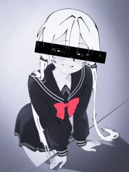  1girl black_sailor_collar black_serafuku black_skirt blush bow bowtie censored censored_identity commentary cowboy_shot from_side grin hand_rest highres long_hair long_sleeves looking_at_viewer manuh985 miniskirt red_bow red_bowtie sailor_collar school_uniform serafuku skirt smile solo study-sama table twintails vedal_ai white_hair 