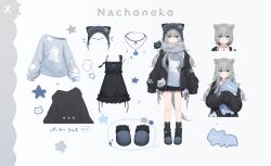 1girl amashiro_natsuki animal_ears animal_hat bare_legs black_dress black_slippers blue_eyes blush bow cat-shaped_pillow cat_ears cat_girl cat_hat cat_tail dress eyebrows_hidden_by_hair grey_hair hat hennyano_(nachoneko) highres hood hood_down indie_virtual_youtuber japan_(hetalia) japanese_text jewelry leg_warmers long_hair long_sleeves monkey_ears monkey_girl multicolored_hair nachoneko necklace official_alternate_costume original paw_print scarf short_hair sleeves_past_fingers sleeves_past_wrists slippers snake_girl socks star_(symbol) star_necklace stuffed_animal stuffed_cat stuffed_toy sweater tail virtual_youtuber