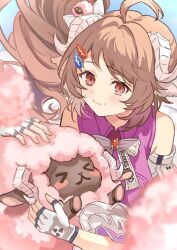  1girl animal_ears ardelia_(arknights) arknights arknights:_endfield bare_shoulders brown_hair commentary_request detached_sleeves dress eyjafjalla_(arknights) fingerless_gloves gloves highres horns little_black_sheep_(arknights) long_hair looking_at_viewer pink_dress red_eyes sheep_ears sheep_girl sheep_horns side_ponytail smile touchika white_gloves 